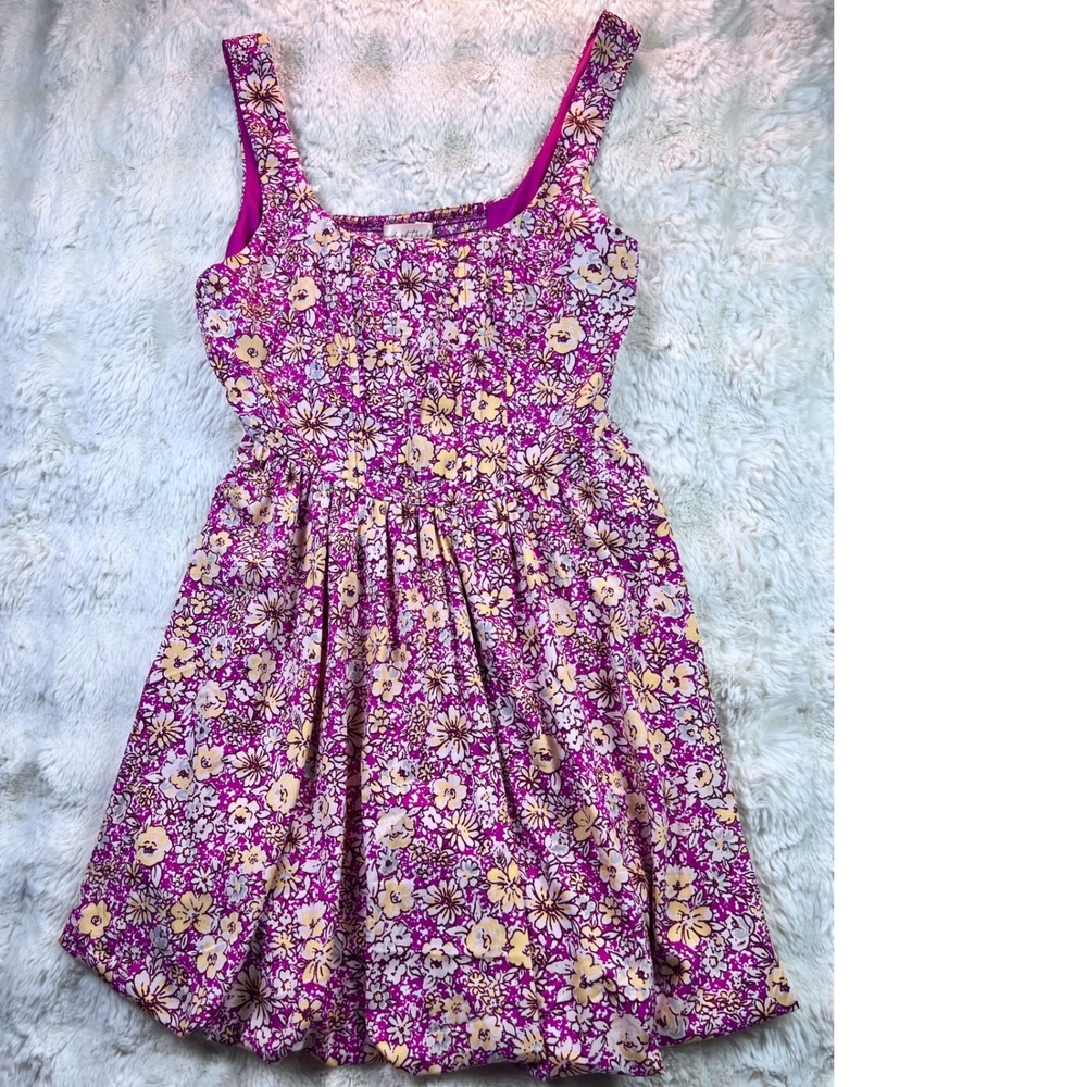 Land of the Free Pink Yellow Floral Bubble Hem Mini Dress Sz M Smocked Back A38